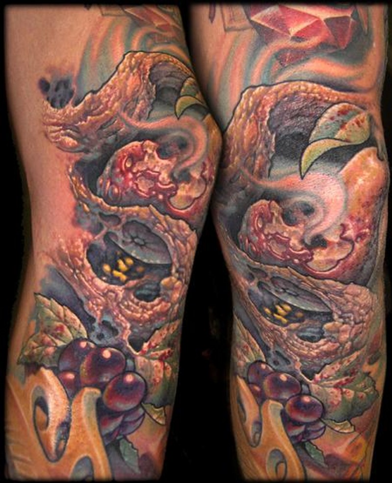 Natural colored leg tattoo of various corrupted fruits