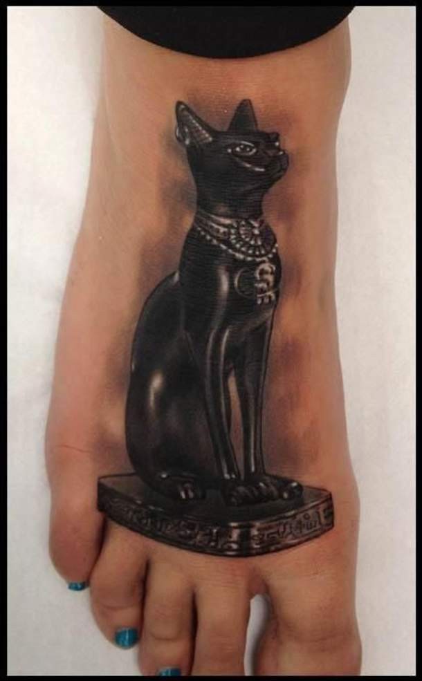 Natural looking 3D colored foot tattoo of Egypt cat statue