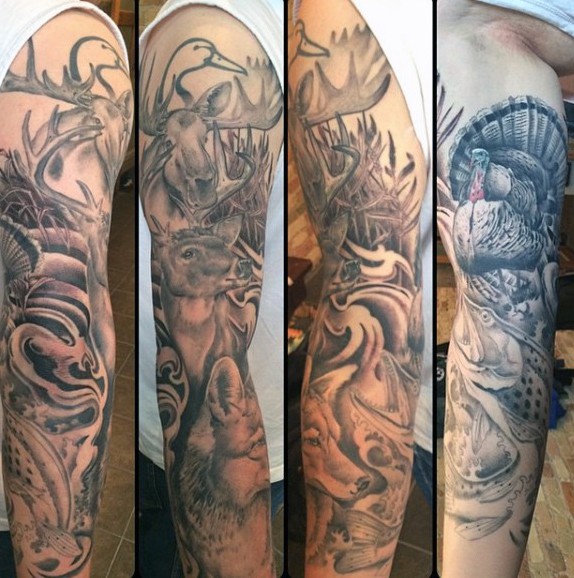 Natural looking black and gray style half sleeve tattoo of various wild animals