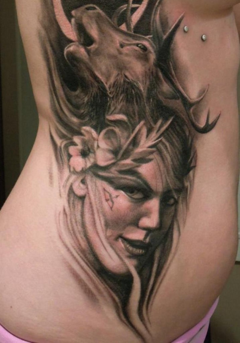 Natural looking black and white 3D wild woman portrait tattoo on side with elk