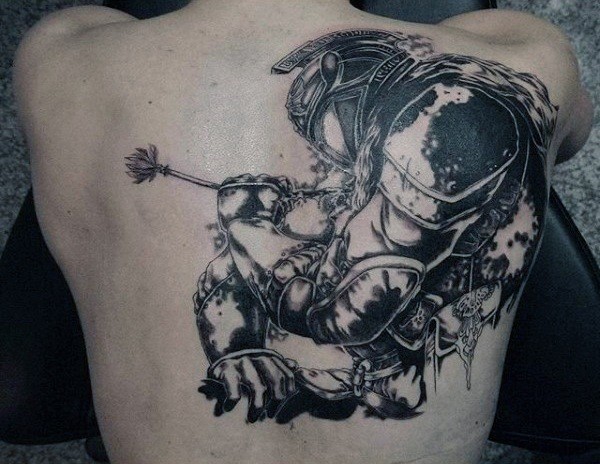 Natural looking black and white medieval knight tattoo on back