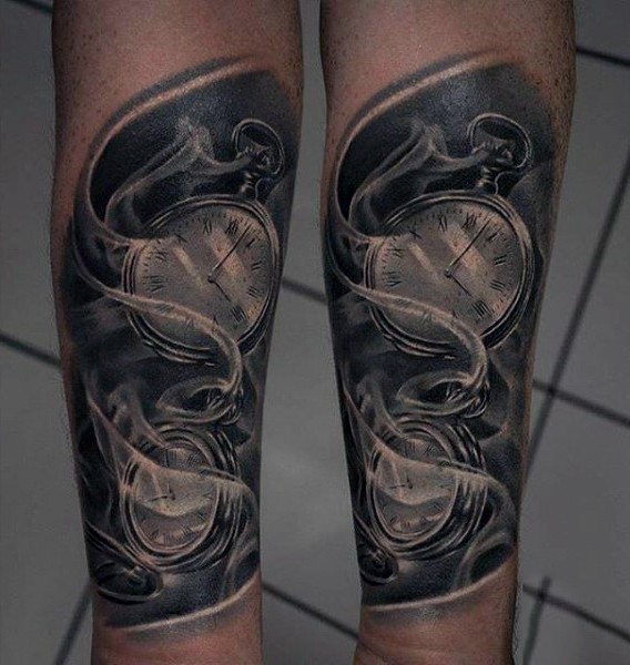 Natural looking black and white old pocket clocks tattoo on arm