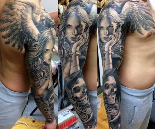 Natural looking black and white sleeve and shoulder tattoo of angel woman and human skull