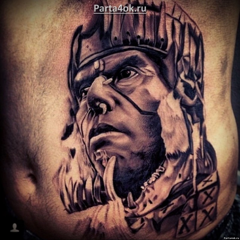 Natural looking black ink detailed side tattoo of tribal man portrait