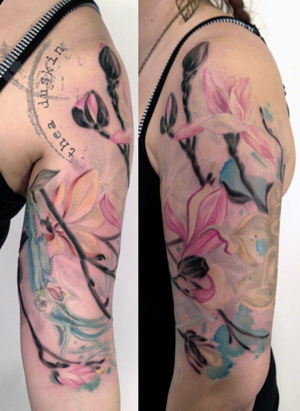 Natural looking colored beautiful underwater flowers with squid and lettering tattoo