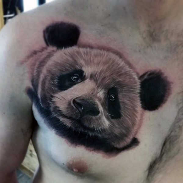 Natural looking colored chest tattoo of big panda bear