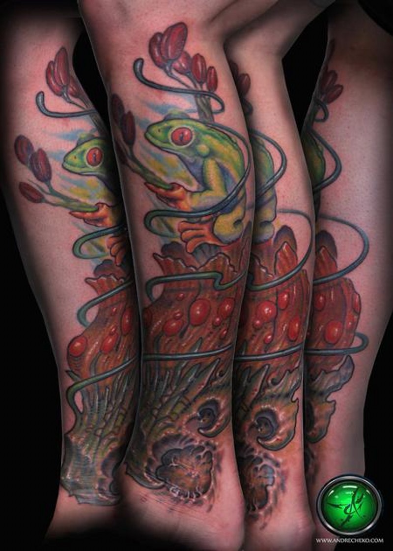 Natural looking colored leg tattoo of little frog and unusual plant