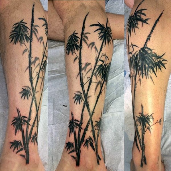 Natürlich aussehendes farbiges Bein Tattoo von Bambus