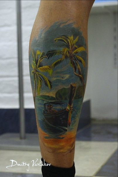 Natural looking colored leg tattoo of beautiful sea with ship