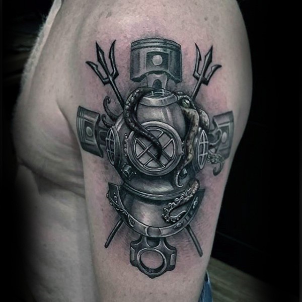 Natural looking colored shoulder tattoo of old divers suit with car pistons