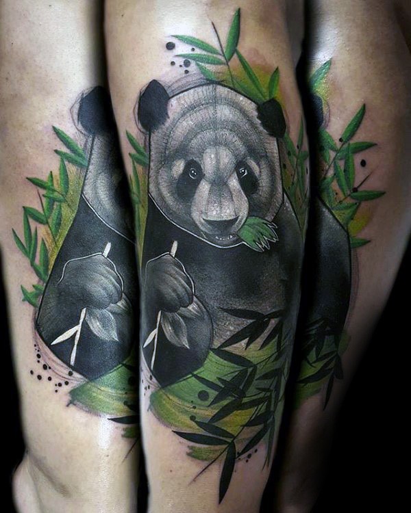 Natural looking colored tattoo of big eating panda bear
