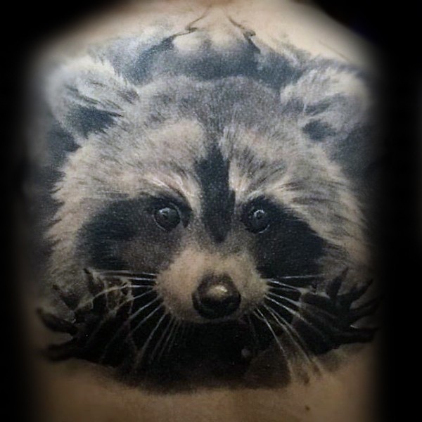 Natural looking colored very detailed small raccoon tattoo