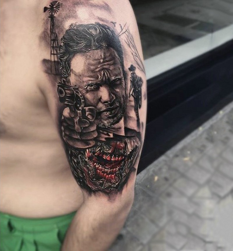 Natural looking colored western themed shoulder tattoo with cowboys and zombie