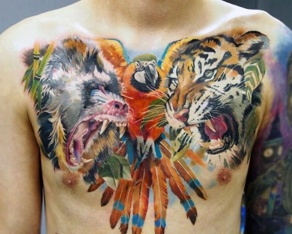 Natural looking colorful angry animals tattoo on chest