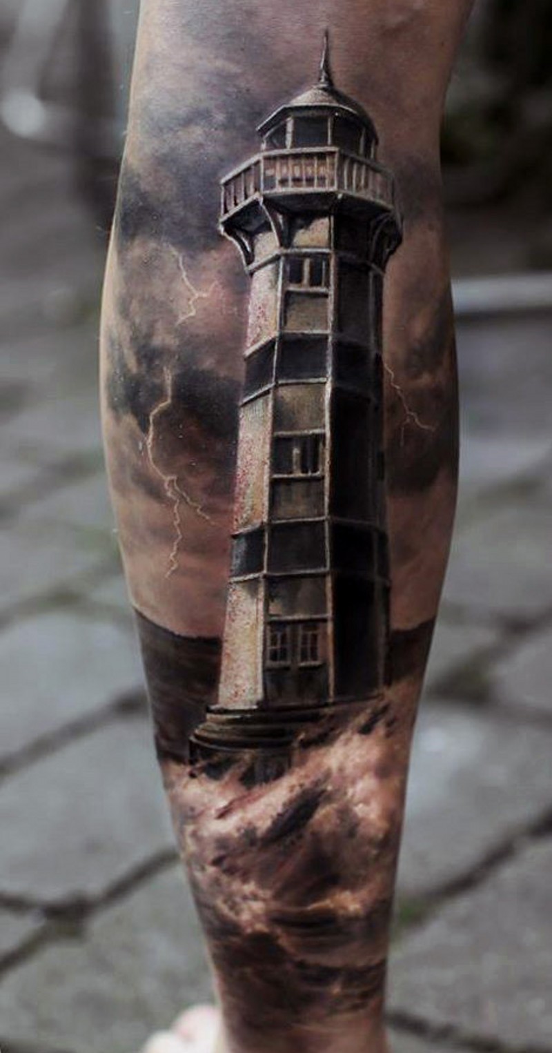 Natural looking detailed big lighthouse tattoo on leg