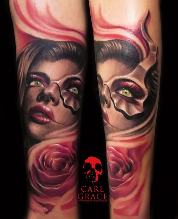 Natural looking detailed forearm tattoo of woman with mask and rose flower