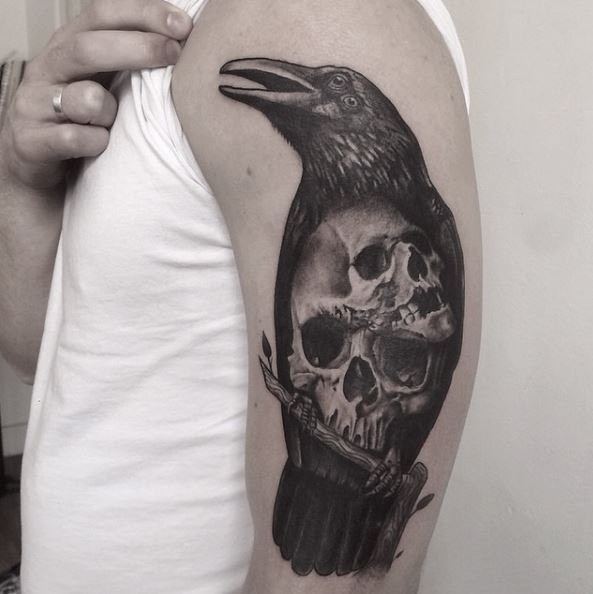 Natural looking detailed mystical crow with human skulls