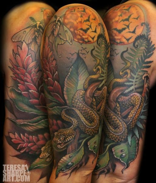 Natural looking detailed snake in forest tattoo on shoulder combined with bats and night butterfly