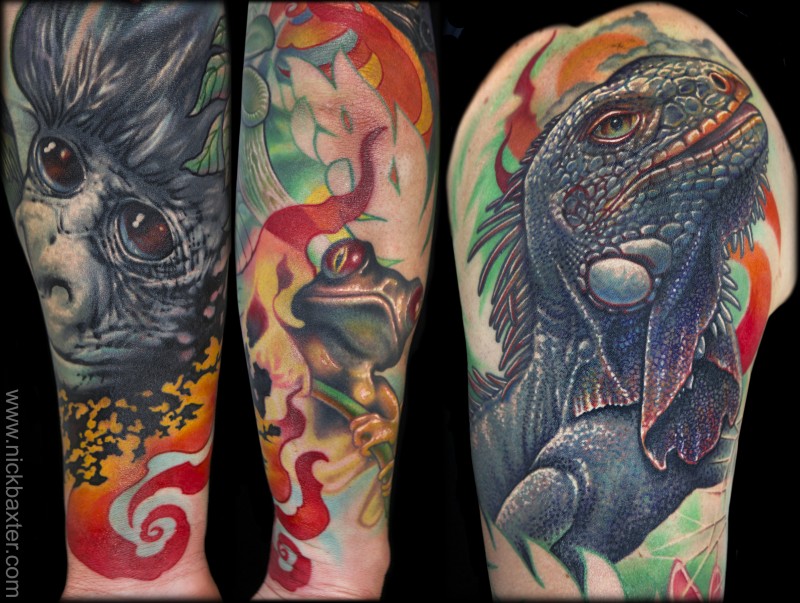 Natural looking multicolored forearm tattoo of various animals