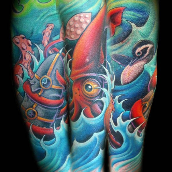 Natural looking painted and colored squid attacking the ship with penguins tattoo on sleeve