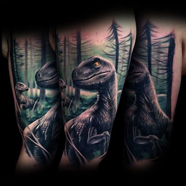 Natural looking shoulder tattoo of dinosaur in forest