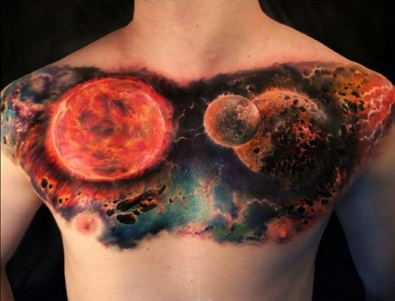 Natural looking very detailed and colored deep space tattoo on chest