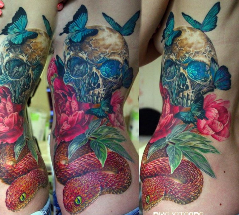 Natural looking very detailed colorful skull tattoo on side with butterfly and snake