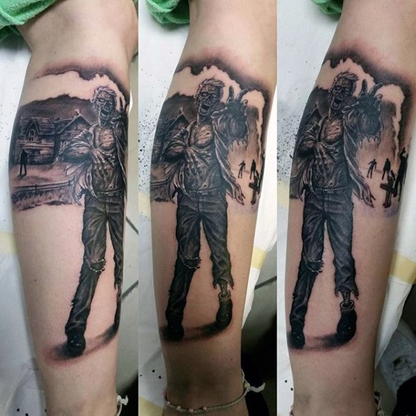 Natürlich aussehendes sehr detailliertes Bein Tattoo am Hals mit gruseligen Zombies