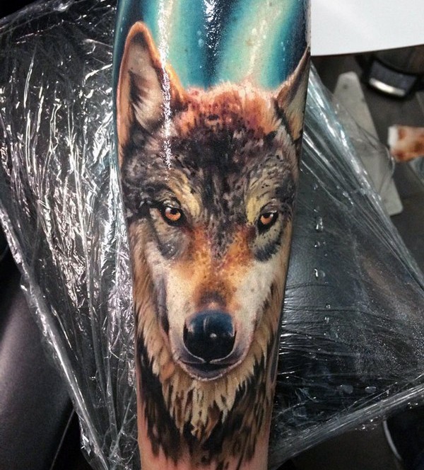 Natural looking very detailed real life forearm tattoo of steady wolf