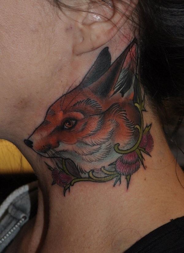 Naturally colored old style fox with flowers neck tattoo