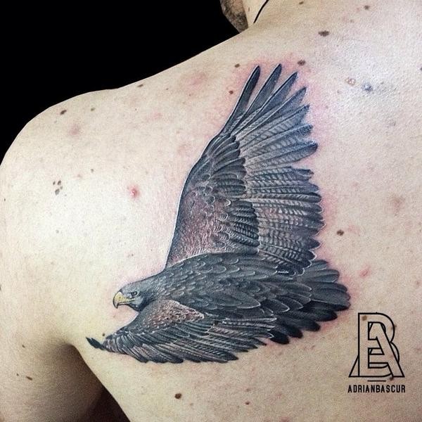 Naturally colored super detailed flying traditional eagle tattoo on shoulder blade in realistic style