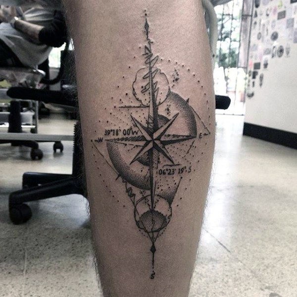 Nautical dotwork style leg tattoo of sea star with numbers