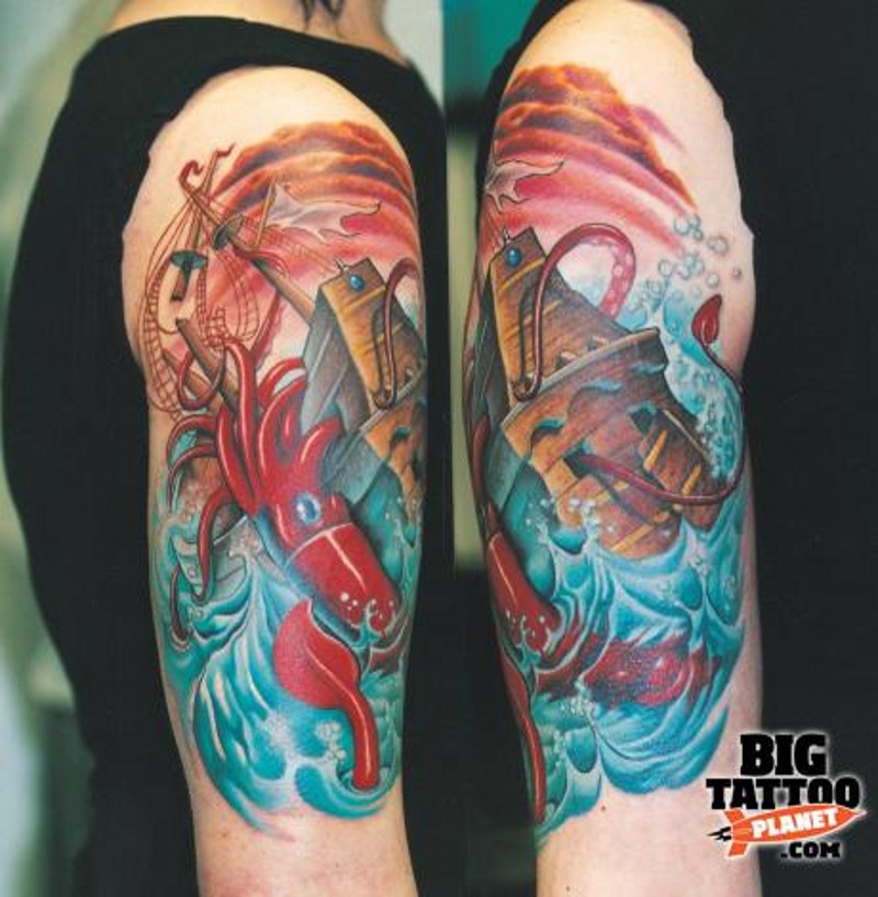 Nautical themed colored shoulder tattoo of sailing ship and squid