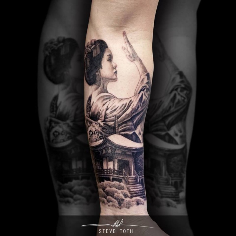 Neo japanese style black and white forearm tattoo of geisha with house