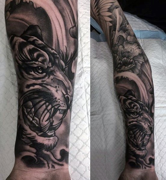 Neo japanese style black ink forearm tattoo of forearm with flowers