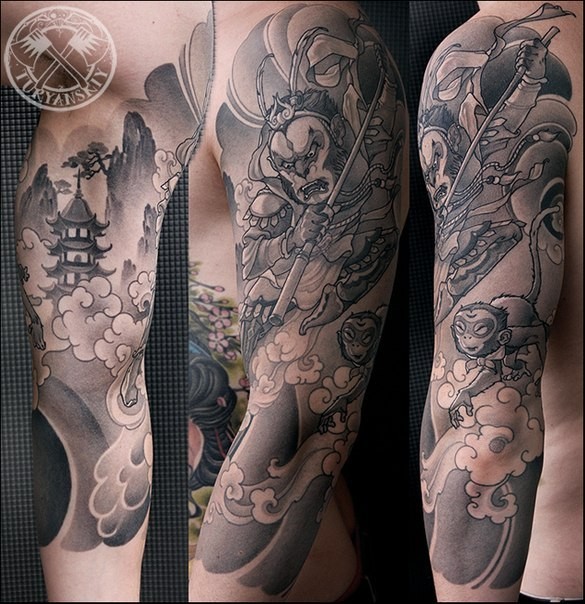 Neo japanischer Stil schwarzes Tattoo am halben Ärmel mit Affen Kämpfer und altem Tempel