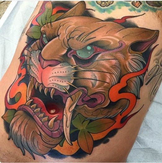 Neo japanese style colored arm tattoo of steamy tiger