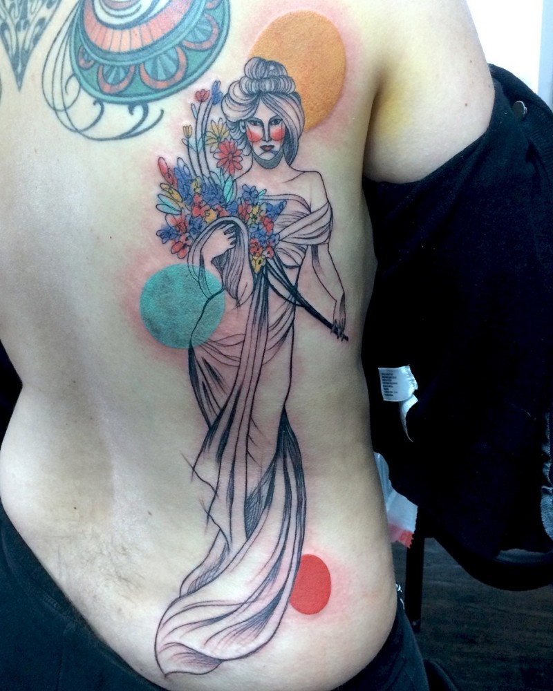 Neo japanese style colored back tattoo of woman with flowers and circles
