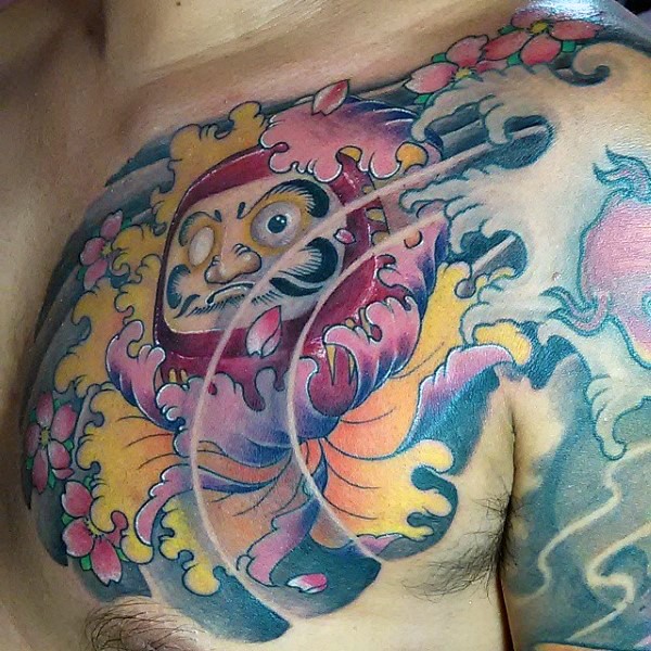 Neo japanese style colored chest tattoo of fantasy doll with flowers and wave