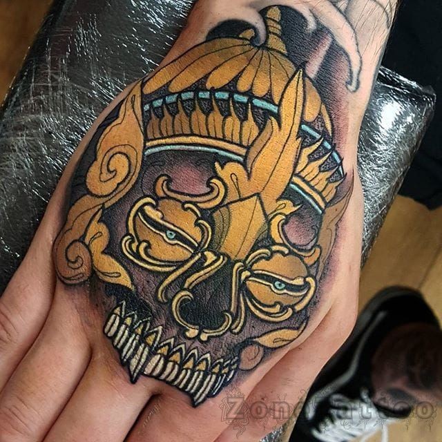 Neo japanese style colored hand tattoo of demonic mask