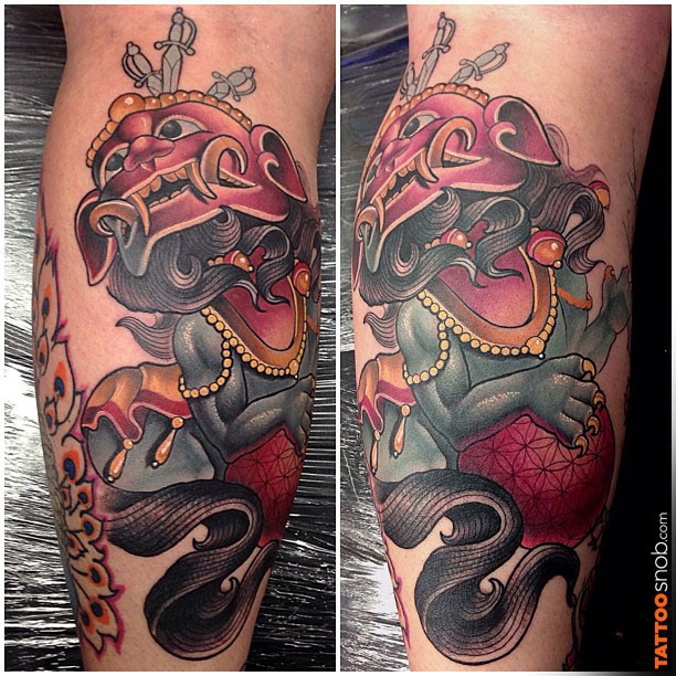 Neo japanese style colored leg tattoo of fantasy  tiger