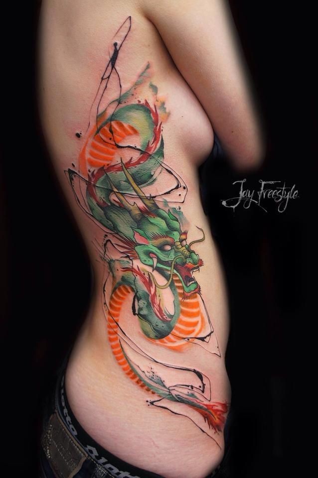 Neo japanese style colored side tattoo of fantasy dragon