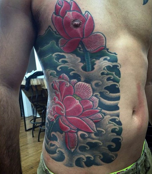Neo japanese style colored side tattoo of beautiful flowers and fog