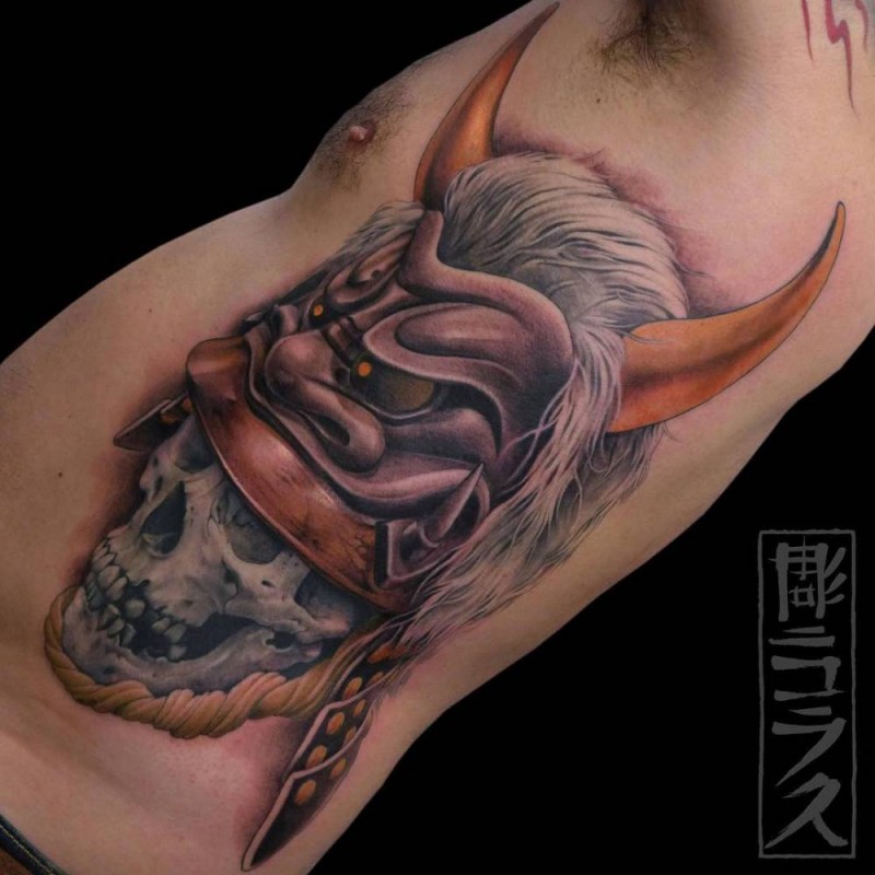 Neo japanese style colored side tattoo of samurai skull with demonic helmet