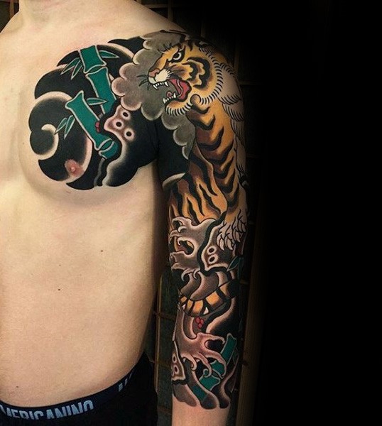 Neo Japanese style colored sleeve tattoo of tiger with bamboo