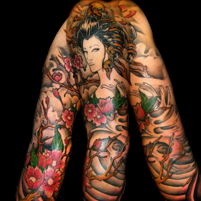 Neo japanese style colored sleeve tattoo of geisha with flowers