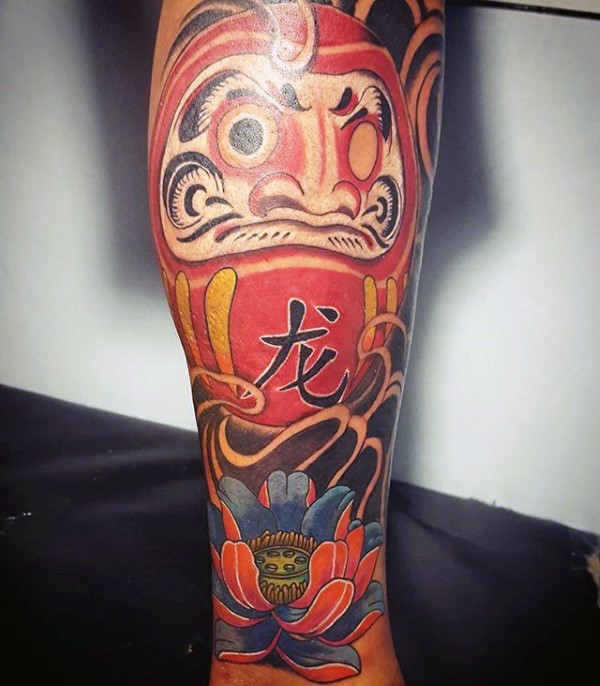 Neo japanese style colored tattoo of daruma doll with beautiful lotus flower