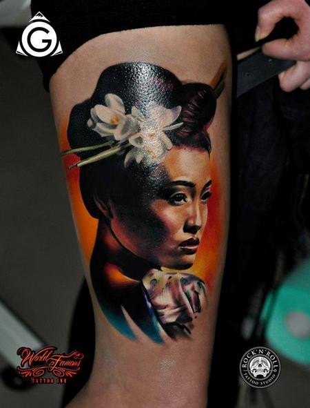 Neo japanese style colored tattoo of Geisha woman with flowers