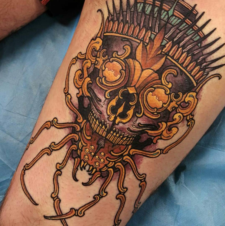 Neo japanese style colored thigh tattoo of creepy mask