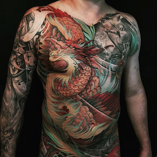 Neo japanese style colored whole chest and sleeve tattoo of dragon with samurai warrior